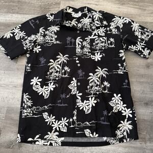Vintage 70s Malihini Hawaiian Shirt Men Large Bold Black Ivory Floral Aloha Palm